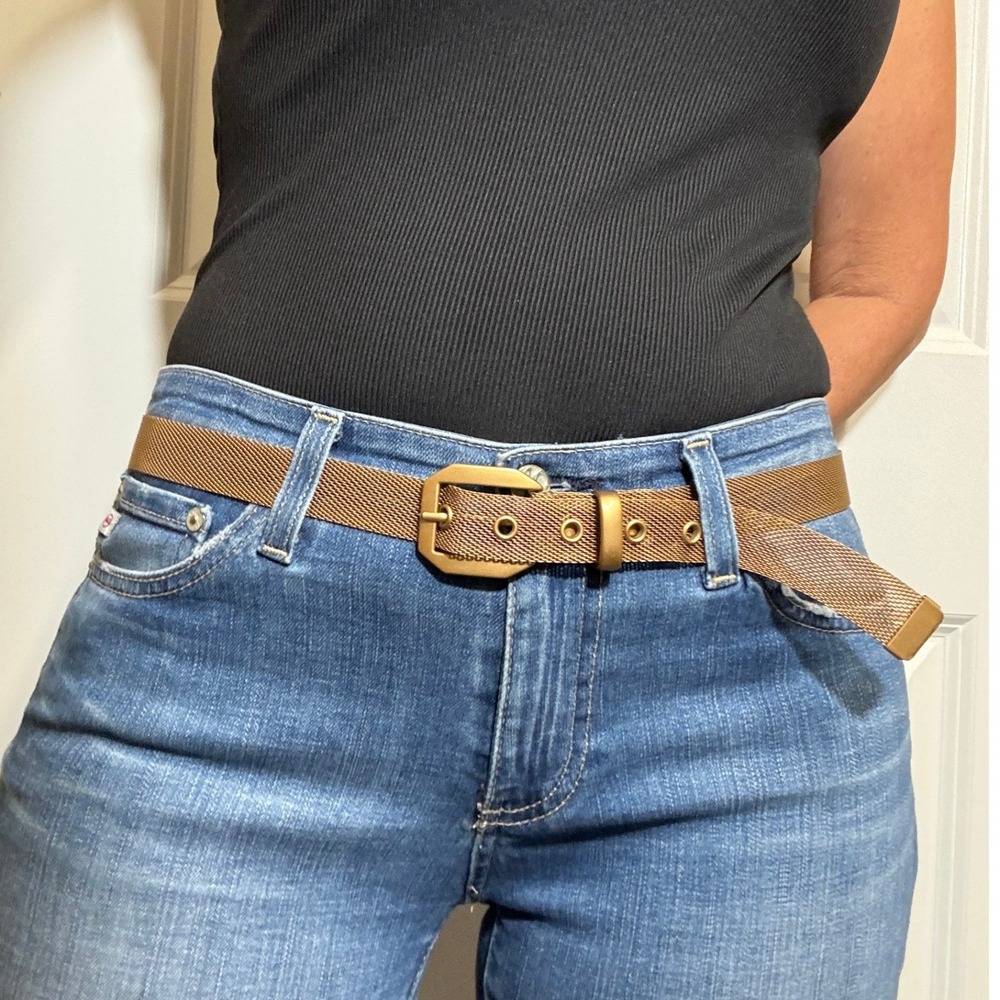 Vintage Gold Mesh Chainmail Belt Matte Metallic Hexagon Buckle L Large